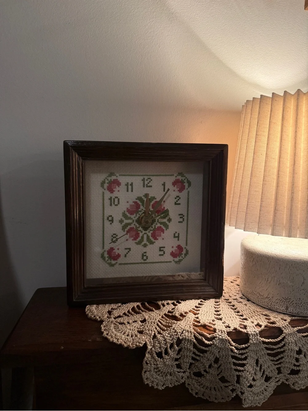 Vintage-Inspired Pink Floral Cross-Stitch Wall Clock, Framed